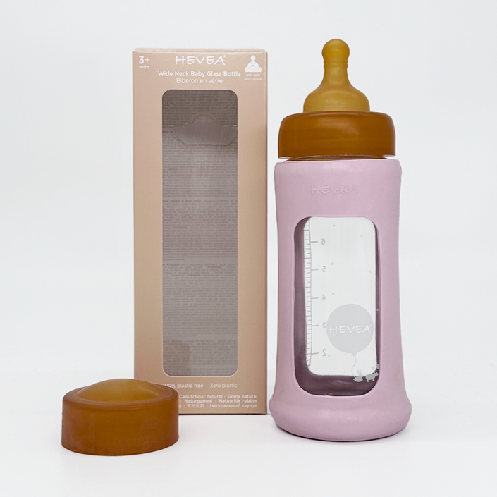 HEVEA glazen fles brede hals powder pink 250 ml 3 mnd+