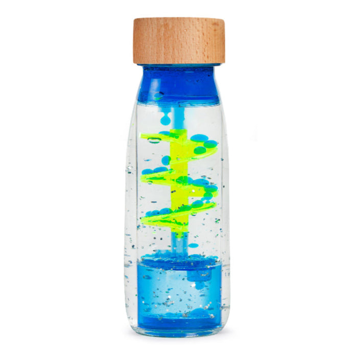 Petit Boum sensorische fles Move Spiral blue 3 mnd+ recyclebaar plastic + esdoorn hout