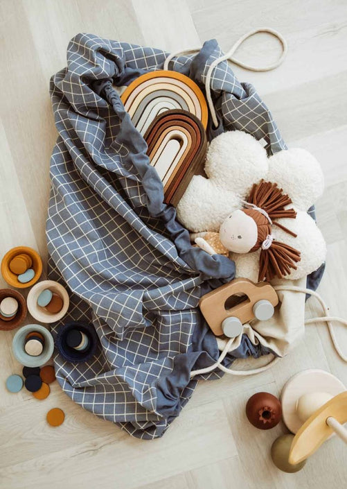 Play & Go opbergzak en speelkleed organic grid blue