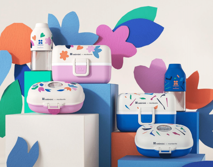 Monbento x Catimini drinkfles positive blue terrazzo